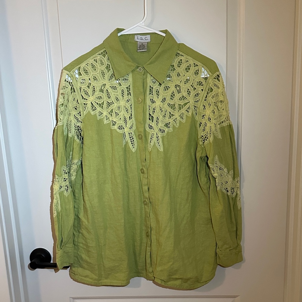 Green Lace Button-Up Blouse